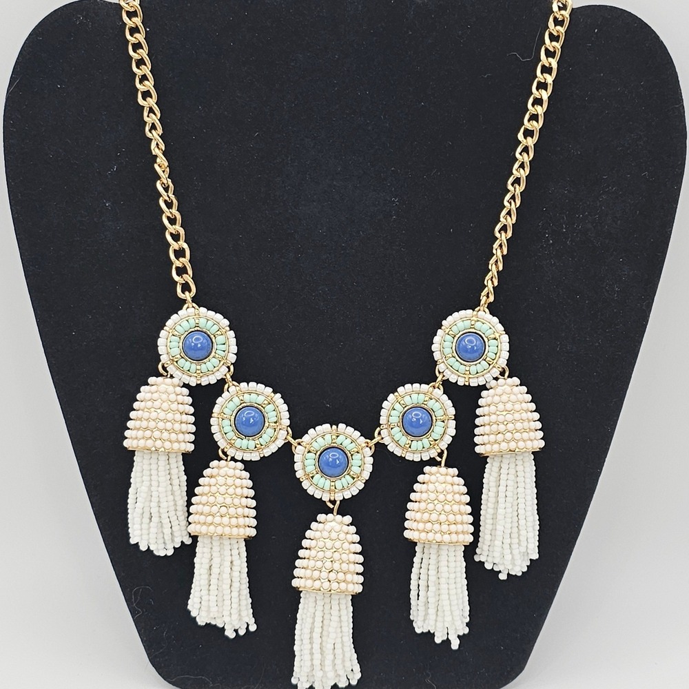Talbots Seed Bead Tassel Statement 21" Necklace White Blue Coastal Boho Chic